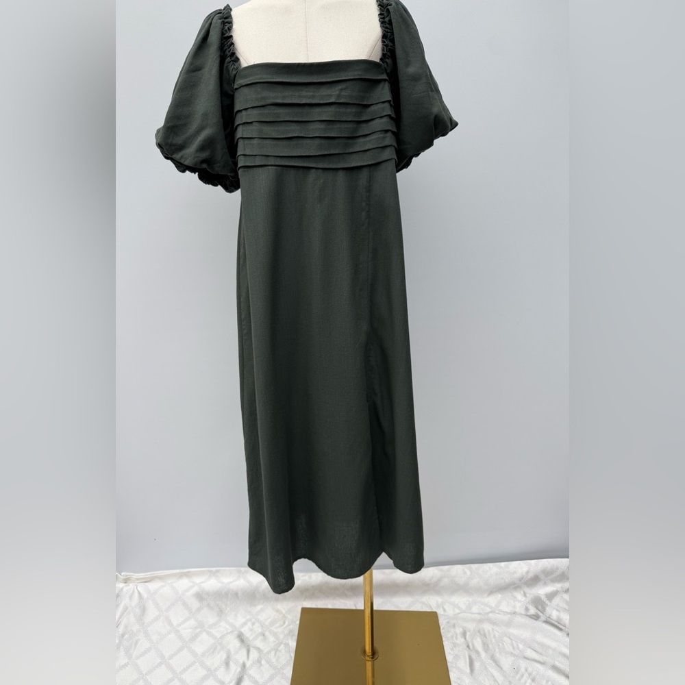 Mi Ami For Francesca’s Elegant Olive Green Puff Sleeve Midi Dress – Square Neck - Picture 11 of 15